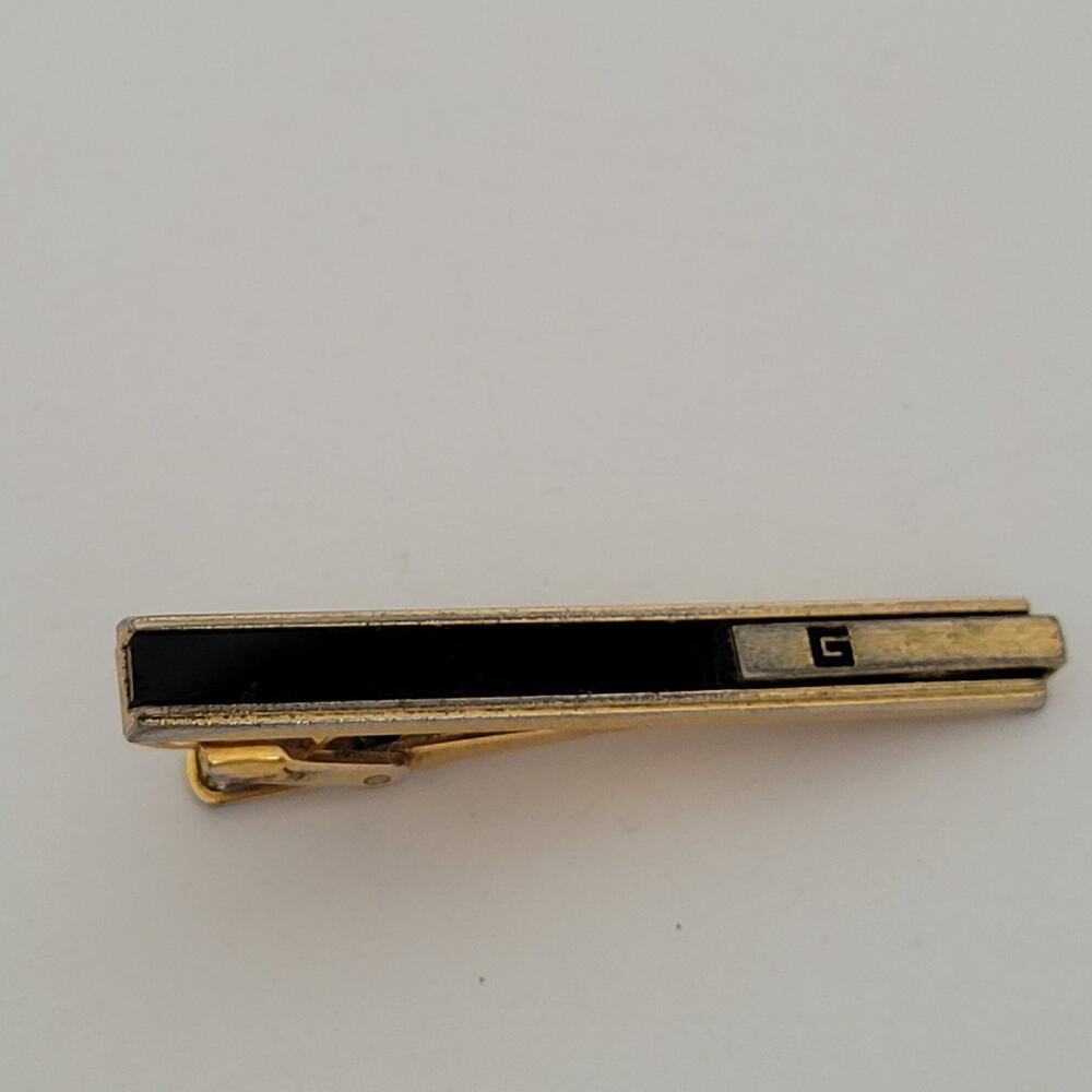 Givenchy Gold Tone Black Onyx Tie Bar Clip 2 Inch G Logo Vintage